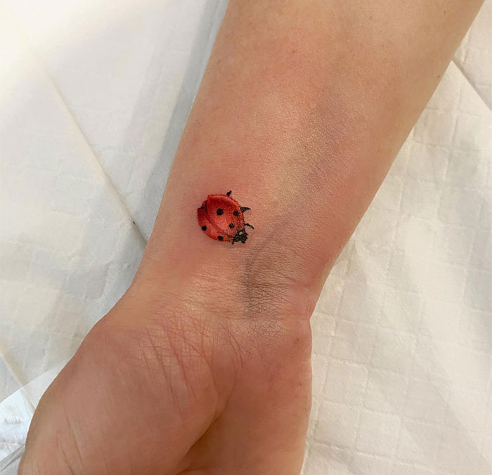 A small ladybug tattoo on the wrist, showcasing a unique small tattoo idea.