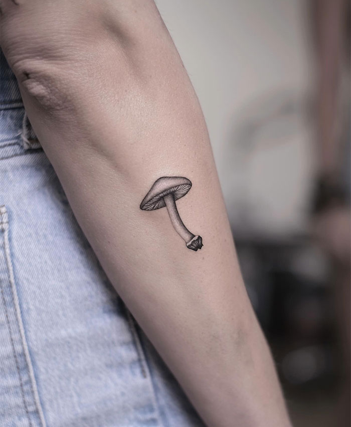 Mushroom small tattoo on forearm, showcasing intricate shading and detail.