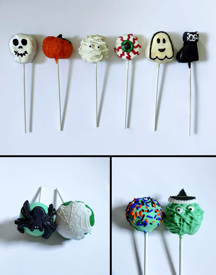 Halloween snacks cake pops with spooky designs including skull, pumpkin, mummy, eyeball, ghost, cat, spider, and monster.