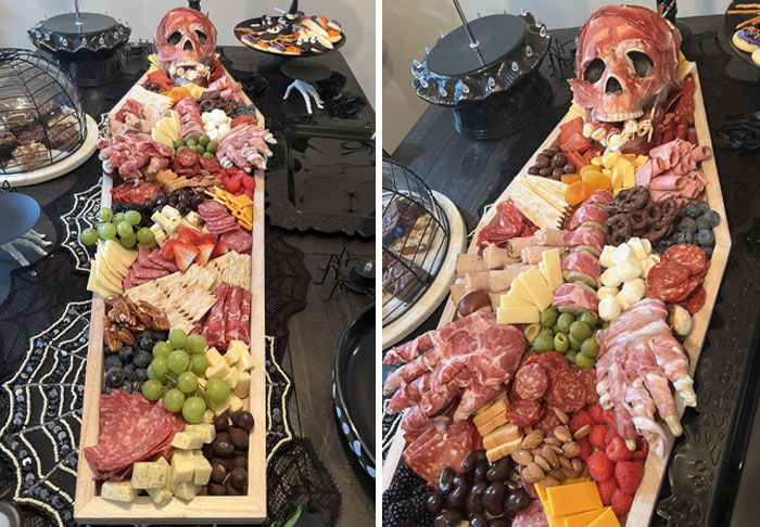 Halloween snacks charcuterie board featuring meats, cheeses, fruits, and a spooky skull centerpiece for festive snacking.