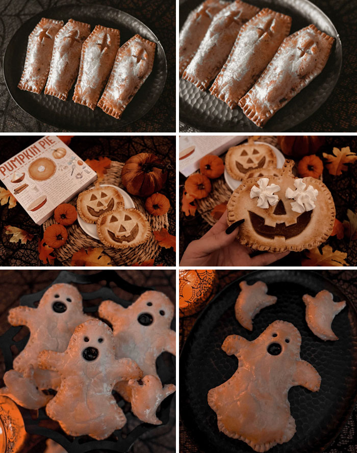 Halloween snacks shaped like coffins, jack-o-lanterns, and ghosts displayed on rustic plates with festive decor.