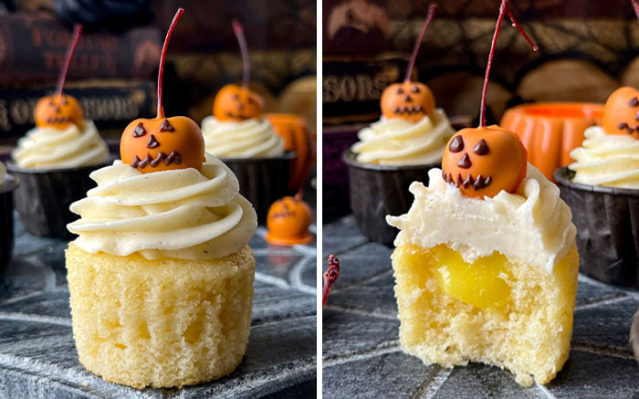Halloween snacks featuring cupcakes with creamy frosting and small pumpkin-shaped decorations on top.
