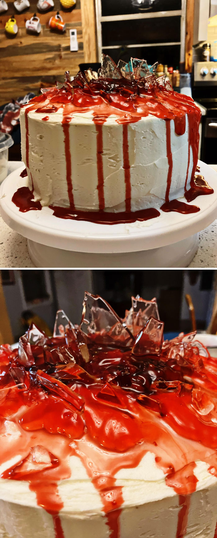 Halloween snack cake with white frosting, topped with red syrup and clear candy shards resembling broken glass.