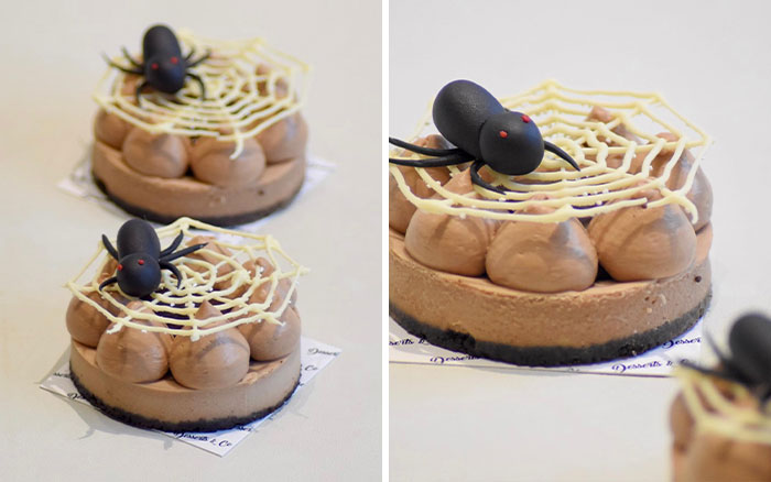 Halloween snacks featuring chocolate spider webs on mousse cakes with black cookie bases, showcasing creative festive treats.