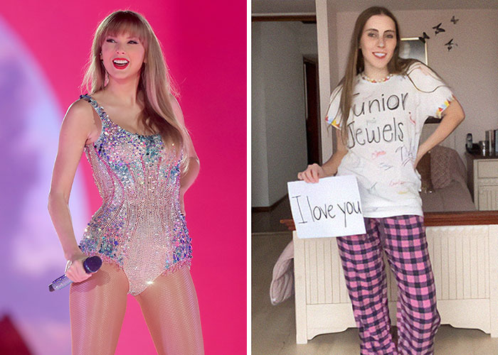 Pop star costume and homemade Halloween outfit with handwritten sign, representing popular Halloween costumes predicted this year.
