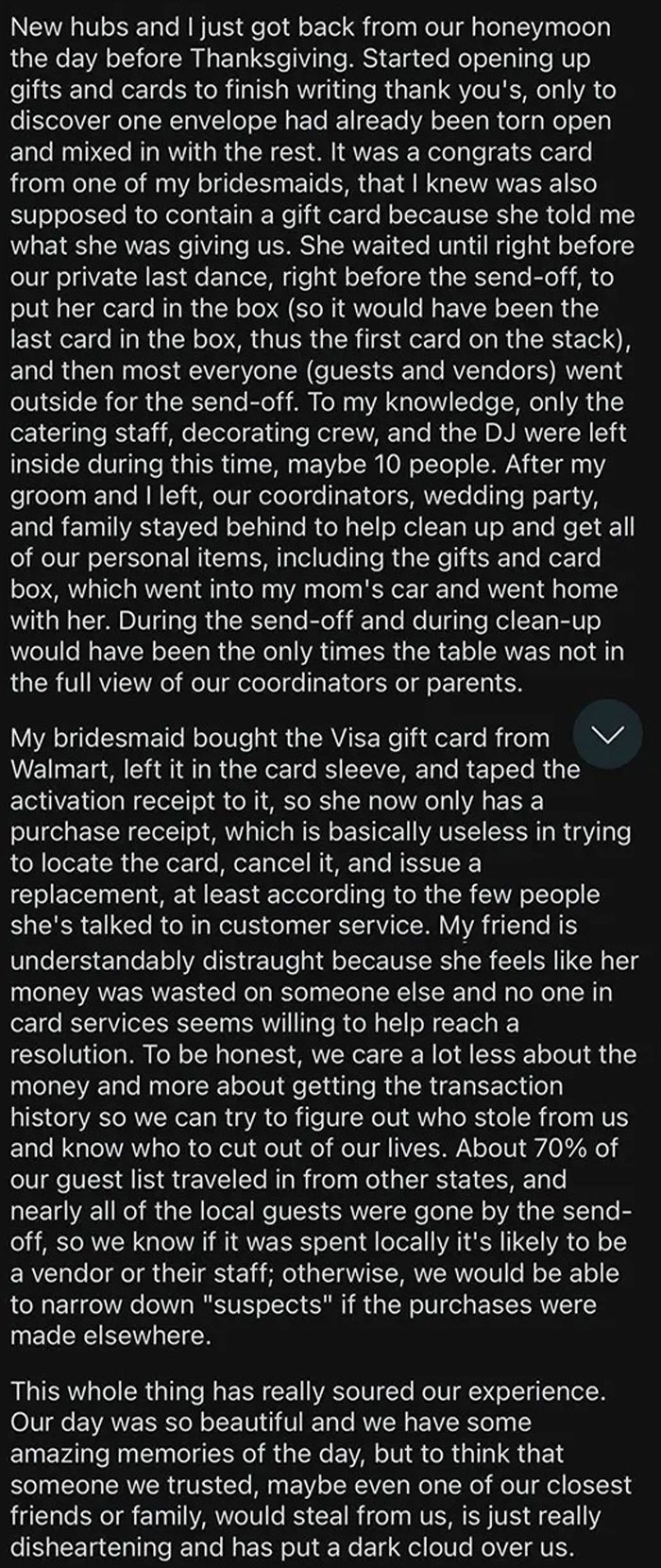 Someone Stole A $300 Gift Card From Our Card Table At The End Of Our Reception