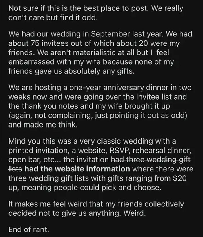 Almost One Year After Our Wedding And It Is Official None Of My (Groom) Friends Gave Us Gifts