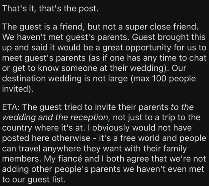Guest Invited Their Parents, Who We Haven't Met, To Our Destination Wedding