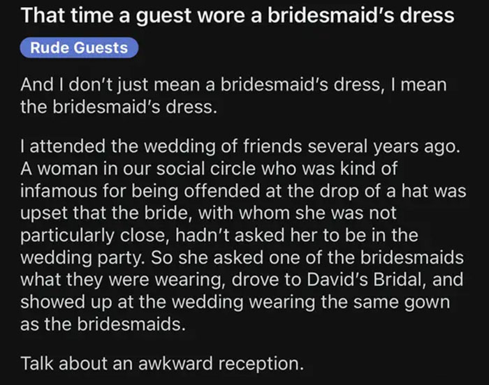 Bridesmaid's Tale Of Her Wedding Date Trying To Bring A Date