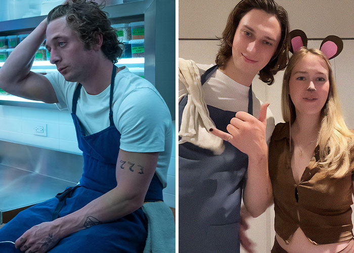 Two young adults wearing popular Halloween costumes, including a character with animal ears, showcasing trending costume ideas.