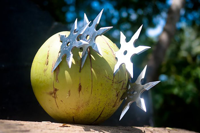 Metal throwing stars embedded in a green fruit, illustrating absolutely normal things people can't own due to legal restrictions.