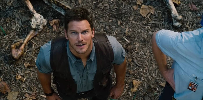 Man in a blue shirt and dark vest looking up, standing on a ground with leaves, another arm visible on the right.