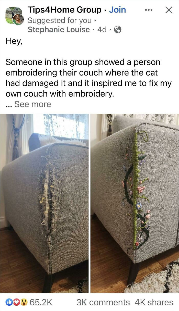 Side-by-side images showing a couch visibly mended with colorful embroidery after cat damage.