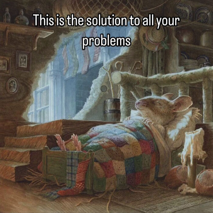 Cozy vintage painting of a mouse sleeping under a patchwork quilt with relatable memes on beautiful vintage pictures.