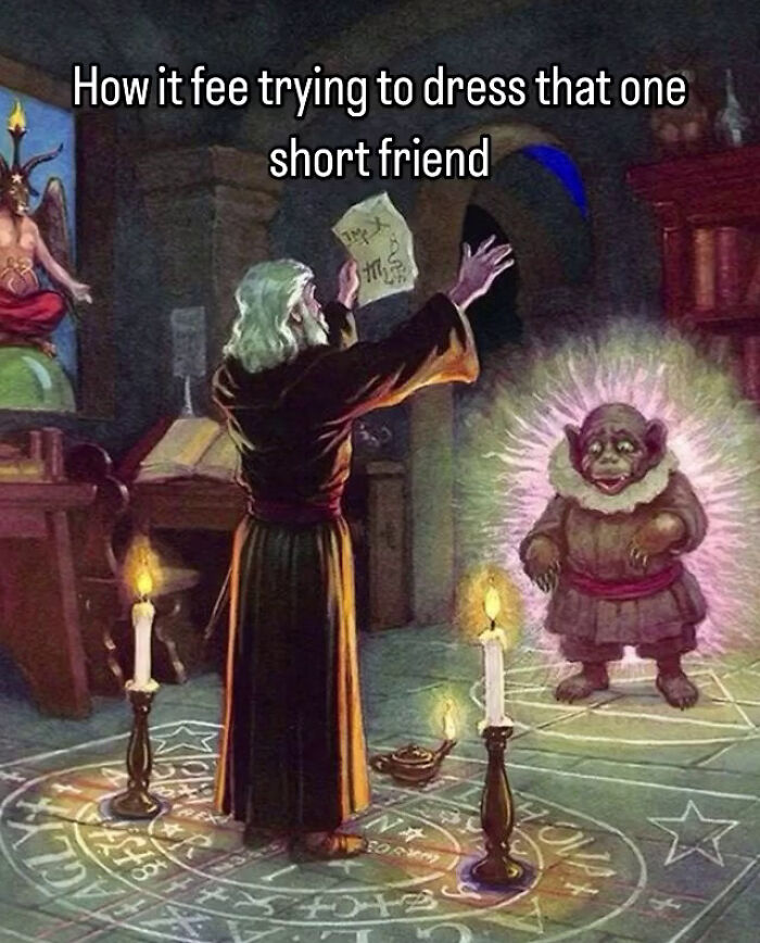 Vintage picture of a wizard casting a spell with a short creature inside a glowing summoning circle meme.