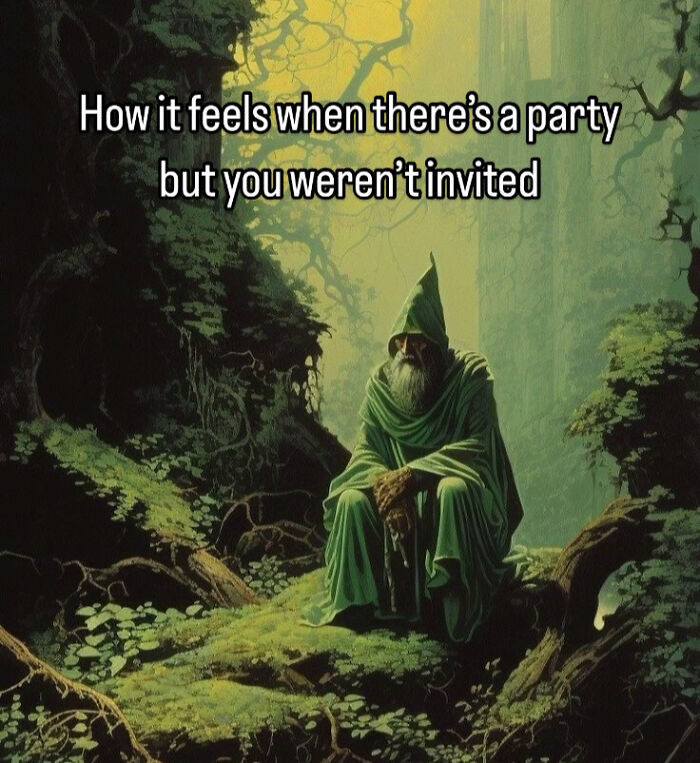 A vintage-style image of a cloaked figure sitting alone in a forest, illustrating relatable memes and vintage pictures.