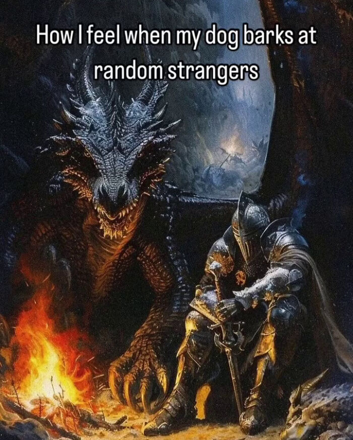 Vintage-style meme with a knight and dragon illustrating relatable emotions shared on beautiful vintage pictures.