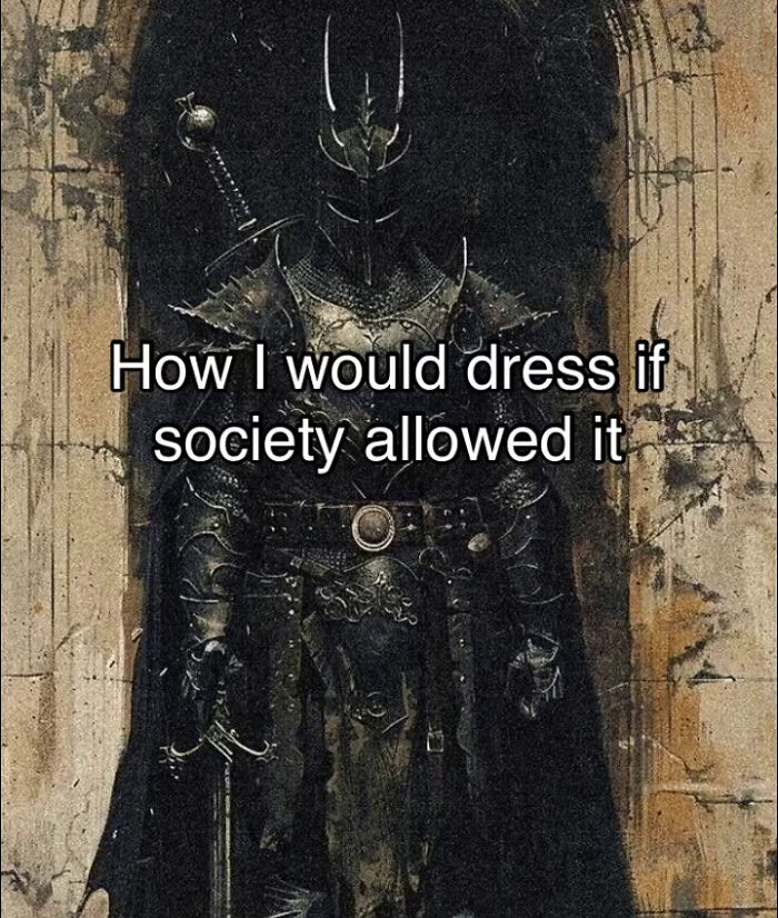 Medieval knight in dark armor holding a sword with relatable meme text on a beautiful vintage picture background.