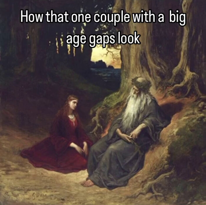 Vintage painting meme showing a young woman and an old man representing couples with big age gaps.