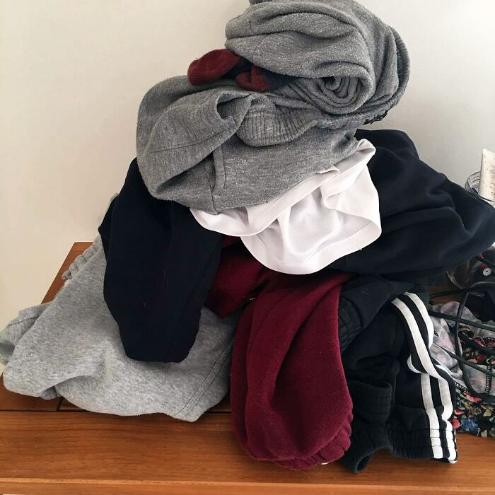 I'm Confused As To Why This Pile Of My Husband's Clothes Keeps Appearing As This Pile On Top Of His Wardrobe. Do They Need Washing? Do They Need Putting Away? Who Knows