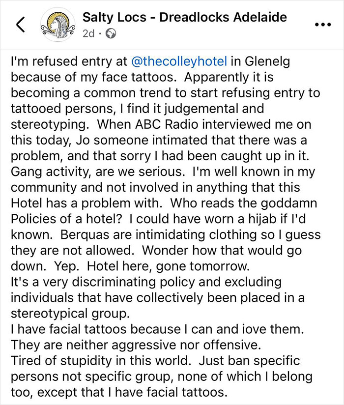 Salty Locs post detailing being refused entry to The Colley Hotel over her face tattoos and the discrimination faced.