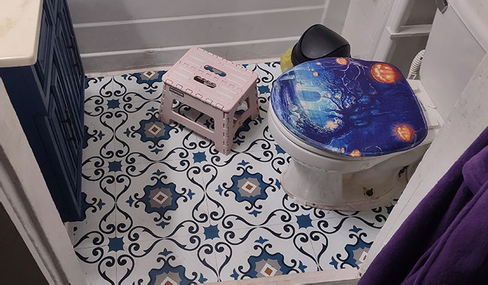 My Middle Child Leaves Her Stool In Front Of The Potty Sometimes And Instead Of Folding It Up, My Husband Just Kicks It Out Of The Way Like We Don't Have The Smallest Bathroom Ever