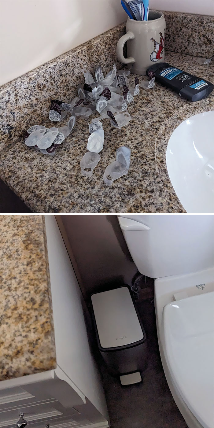 My Husband's Empty Contact Cases. And The Garbage 2 Ft Away