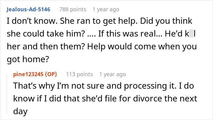 Reddit comments discussing a wife leaving during a perceived invasion, leaving behind twin babies.