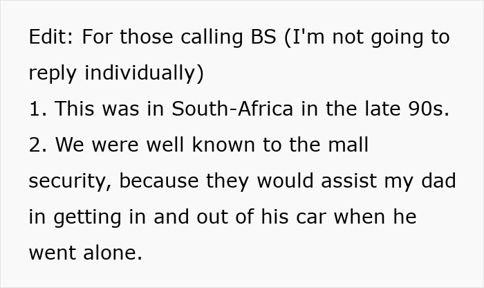 Text detailing a South Africa incident involving mall security assisting someone's father with parking.