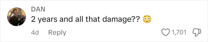 Comment questioning damage on $1,600,000 home built 2 years ago, with shocked emoji and engagement metrics.