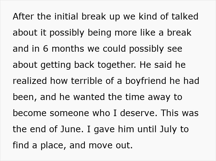 Text about a couple discussing a breakup and potential reconciliation, highlighting a woman's decision to end a long relationship.