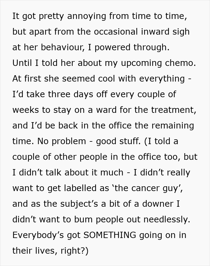 Text discussing a boss's reaction to an employee's chemotherapy treatment plan and office dynamics. Text discussing a boss's reaction to an employee's chemotherapy treatment plan and office dynamics.