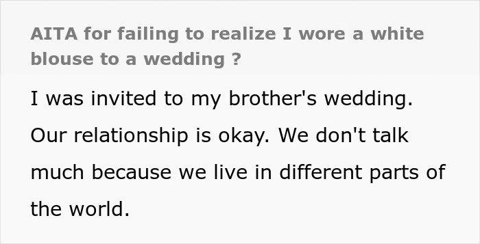 Text conversation about wearing a white blouse to a brother's wedding, causing tension over guest attire.