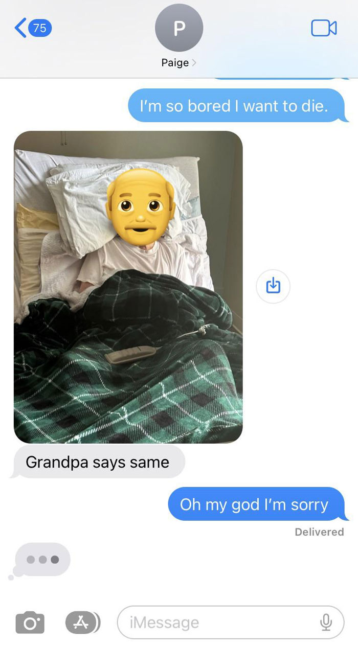 Awkward text exchange showing a grandpa emoji on a phone screen, highlighting a humorous moment.