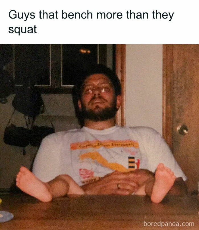 Funny gym meme of a man sitting with baby legs on his lap, captioned "Guys that bench more than they squat."