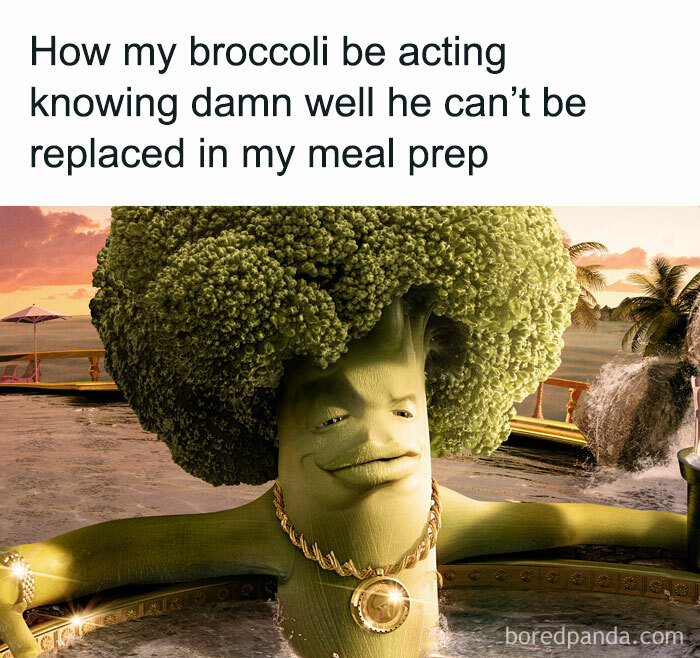 Broccoli character lounging in a pool with gold chain, humorous take on gym meal prep. Funny gym memes.