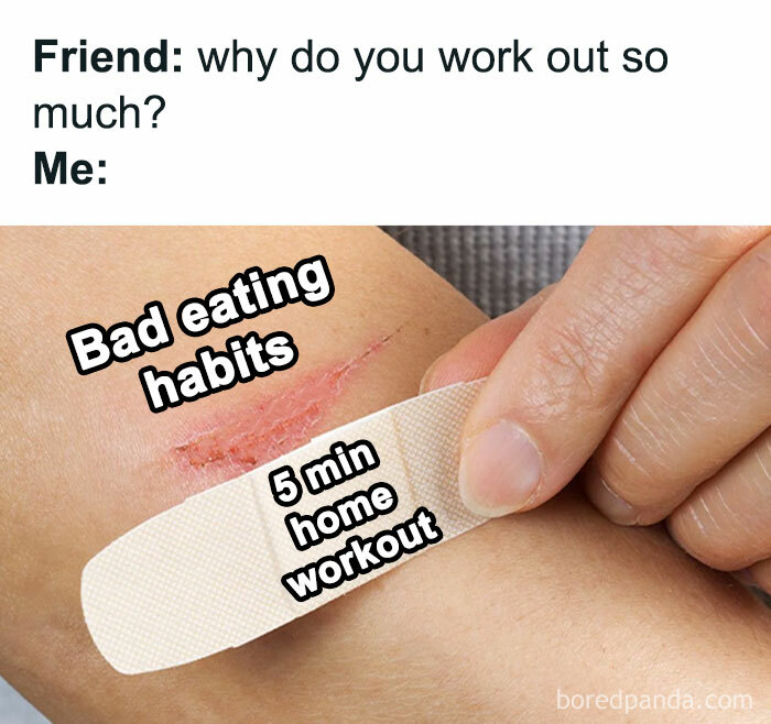 Funny gym meme showing a bandaid labeled "5 min home workout" covering a cut labeled "bad eating habits."
