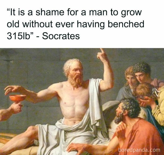 Funny gym meme of Socrates discussing the importance of bench pressing 315 lbs with a group of men.