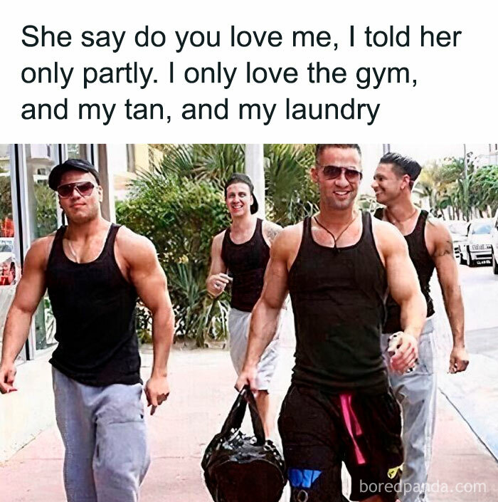 Four men in tank tops and sunglasses walking outdoors, embodying a funny gym meme vibe.