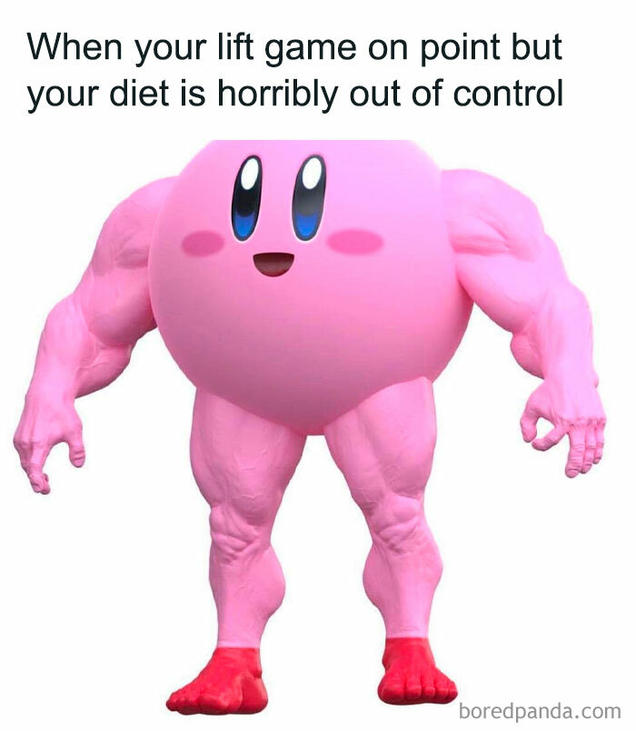 Muscular pink character with Kirby's face as a gym meme, humorously depicting 'just one more rep' struggle.