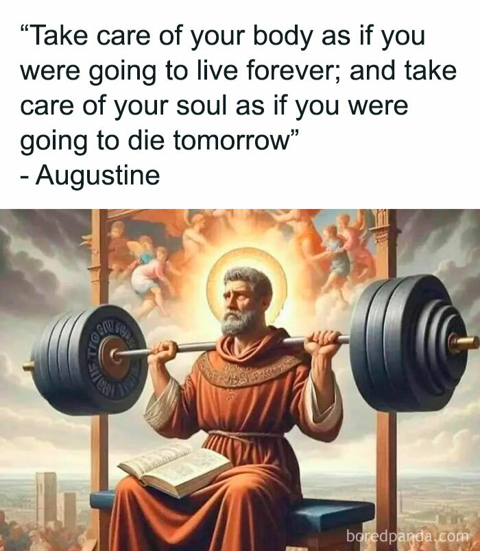 Saint Augustine lifting weights with a halo, illustrating a funny gym meme about the agony of 'just one more rep'.