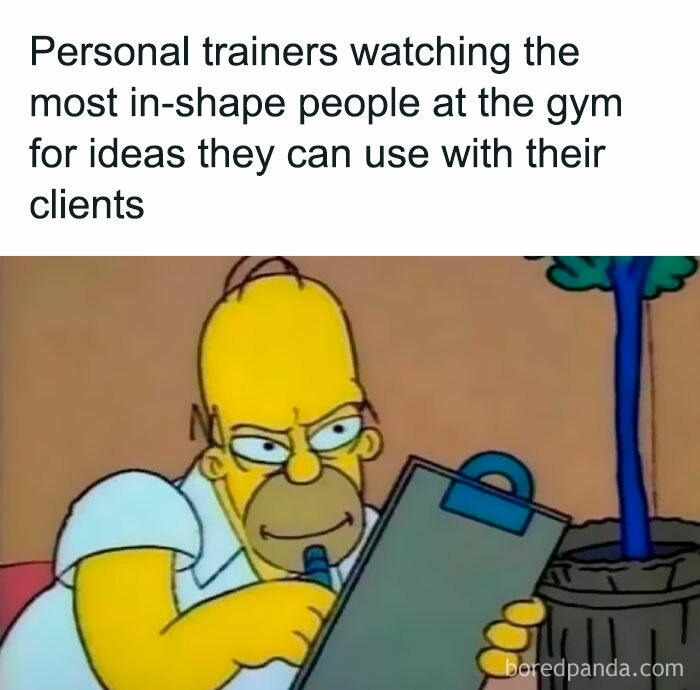 Funny gym meme with a cartoon character taking notes, captioned about trainers getting workout ideas from fit gym-goers.