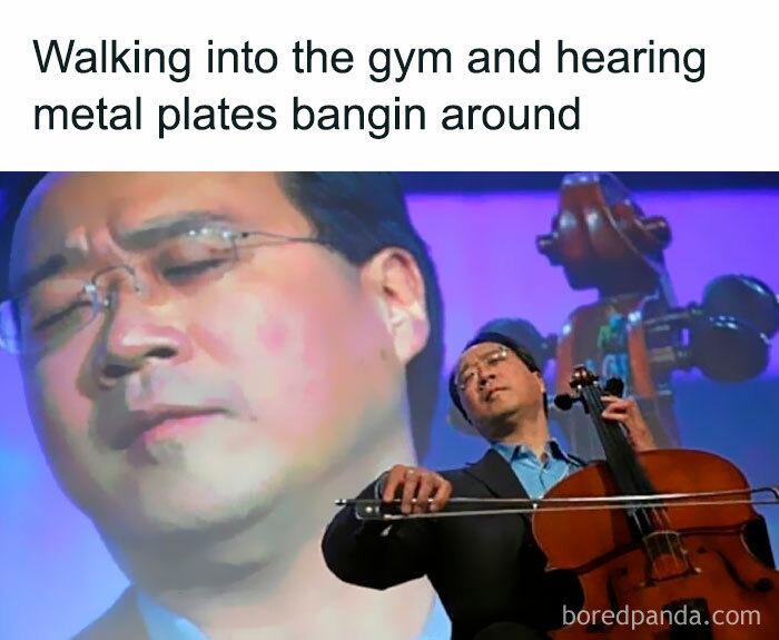 Funny gym meme with a musician playing cello, eyes closed, and text about hearing metal plates in the gym.