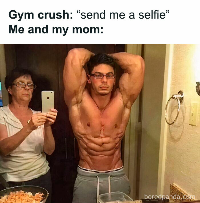 Funny gym meme showing a muscular man posing in front of a mirror, taken by his mom with a smartphone.