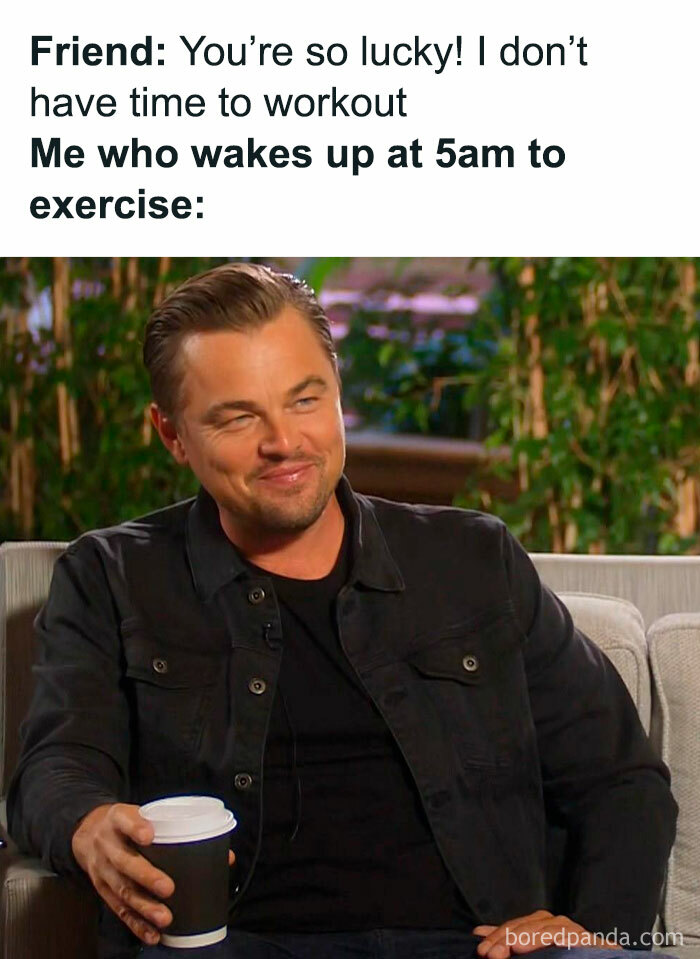 Smirking man with coffee in a meme about waking up early to exercise, captioned with gym humor and workout excuses.