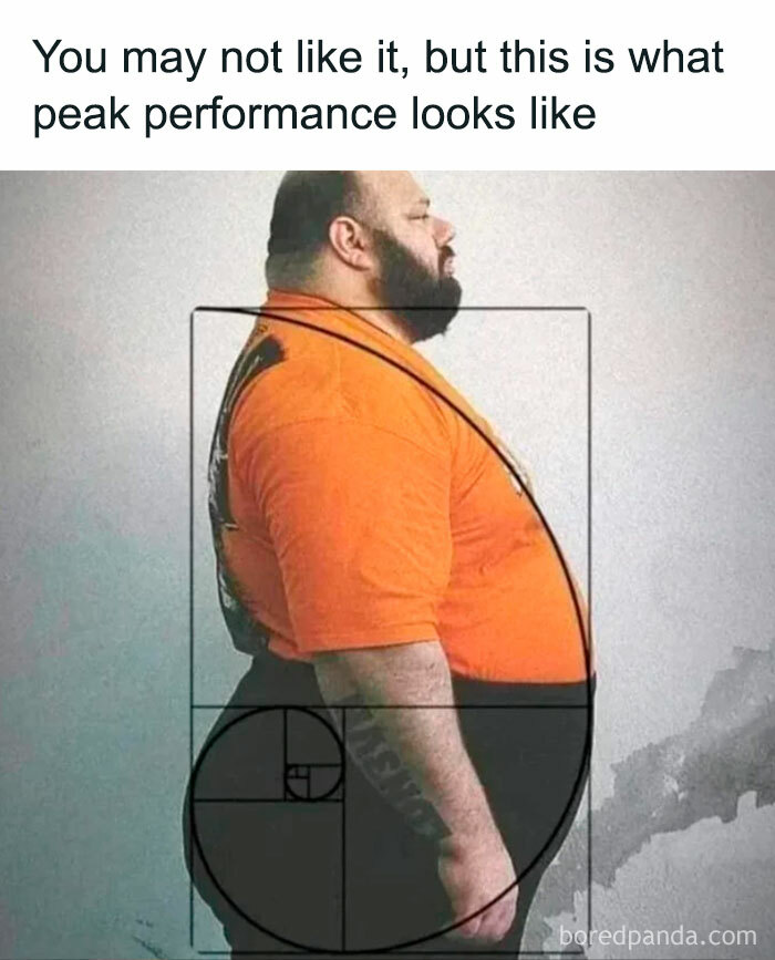 Man in orange shirt demonstrating peak gym performance with a humorously imposed golden ratio spiral overlay.