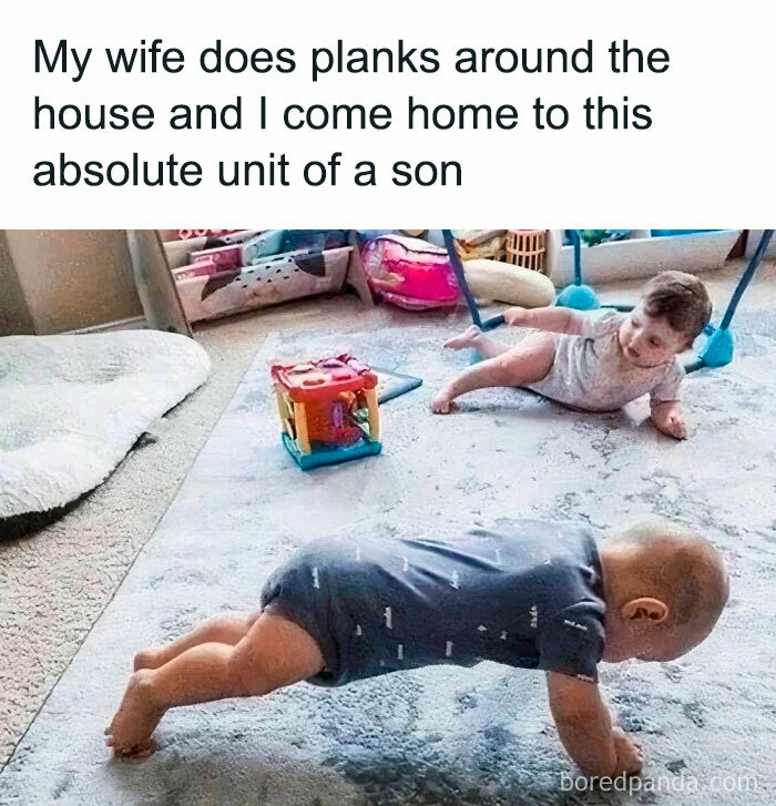 Baby planking on the floor, mimicking a gym exercise; funny gym meme about family workout routines.