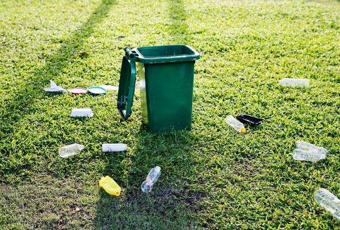 Overflowing trash bin and scattered litter on green grass, depicting things that make people hate improper waste disposal.