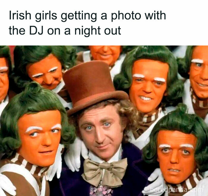 Funny Irish meme showing people dressed as Oompa Loompas around a man in a brown hat, capturing Ireland’s charm.