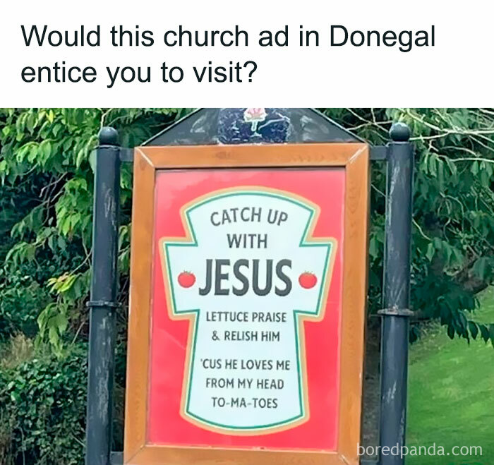 Funny church ad in Donegal with tomato-themed puns captures Ireland's charm.